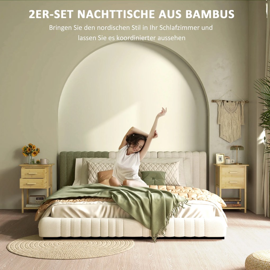 HOMCOM Κομοδίνο, Σετ 2 τεμαχίων, Σκανδιναβικό Σχέδιο, Μπαμπού, 2 Συρτάρια & Ράφι, 40x34x60cm