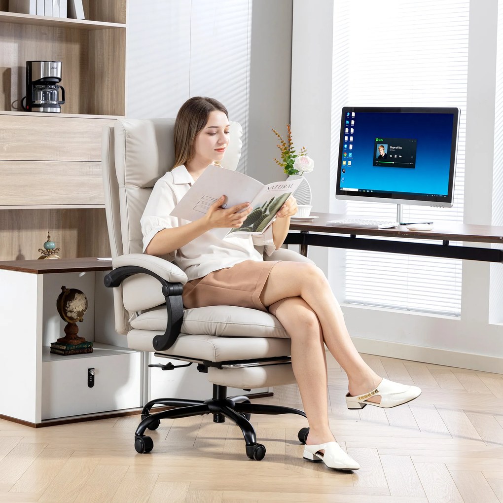 Καρέκλα γραφείου HOMCOM με ρυθμιζόμενο ύψος, υποστήριξη οσφυϊκής μοίρας, μπράτσα, υποπόδιο, από δερματίνη, ανοιχτό γκρι