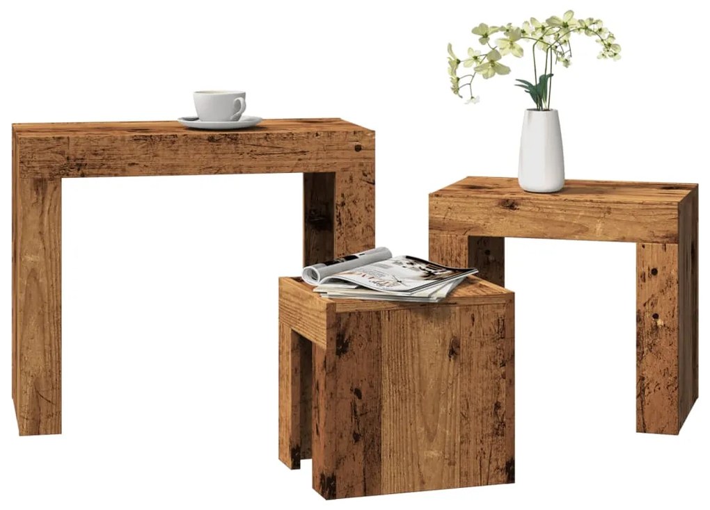 Τραπεζάκια Ζιγκόν 3 τεμ. Παλαιό Ξύλο από Επεξεργασμένο Ξύλο