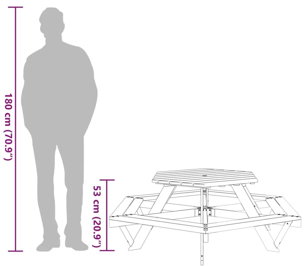 Τραπέζι Πικνίκ 6 Παιδιά με Παγκάκια Εξάγωνο Μασίφ Ξύλο Ελάτης - Καφέ