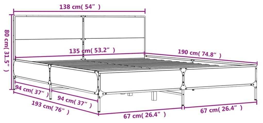 Πλαίσιο Κρεβατιού Γκρι Sonoma 135x190 εκ. Επεξ. Ξύλο &amp; Μέταλλο - Γκρι