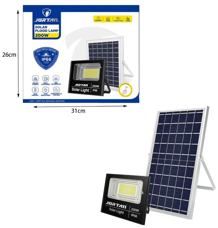 Jortan Ηλιακός Προβολέας Με Τηλεχειριστήριο LED 200W IP66- Solar Flood Lamp
