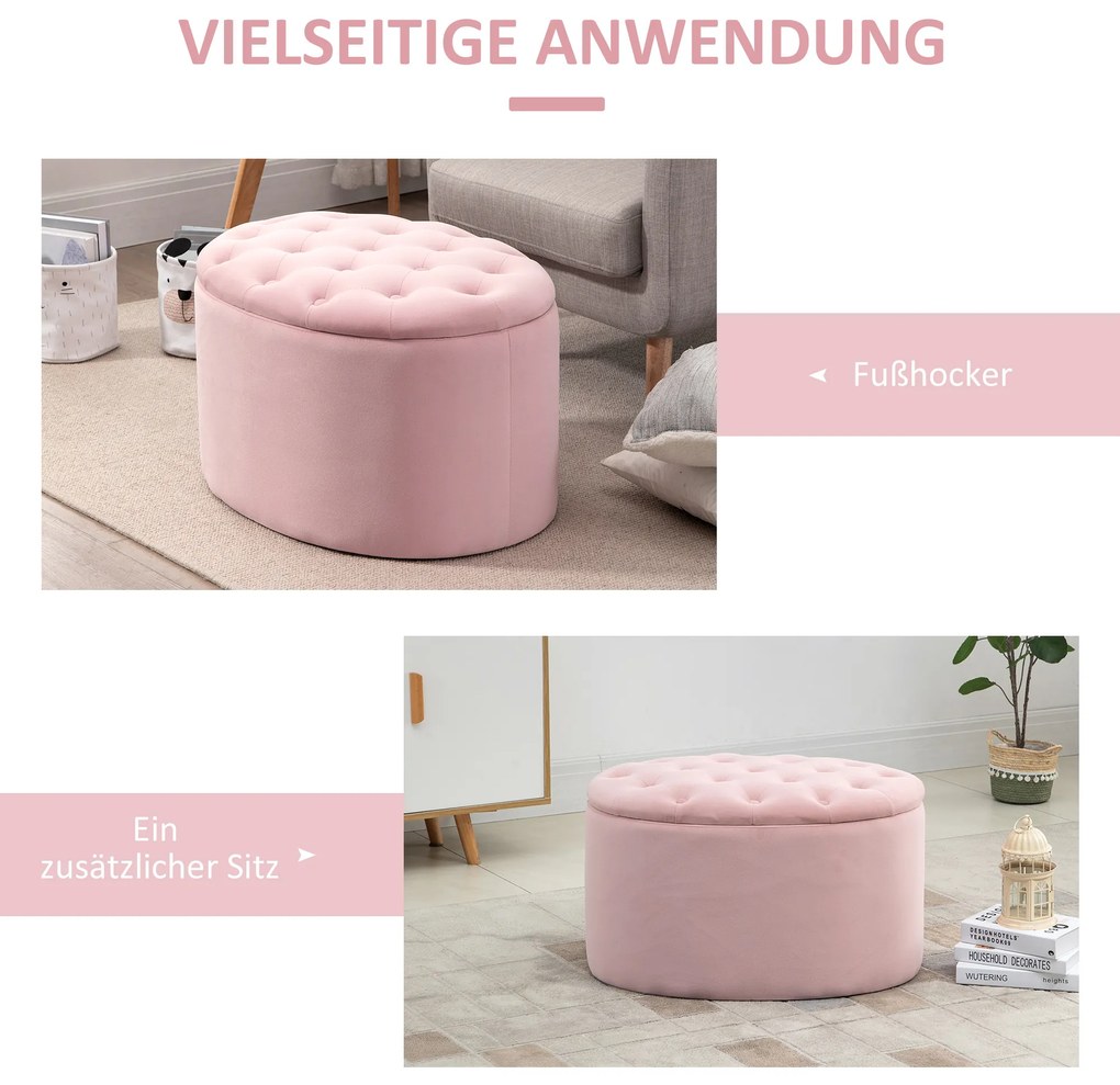 Πάγκος αποθήκευσης Ταπετσαρισμένος πάγκος με όψη βελούδου, Οβάλ σκαμπό, Τρούφα για σαλόνι υπνοδωμάτιο διάδρομο 71 x 52 x 42 cm, Ροζ