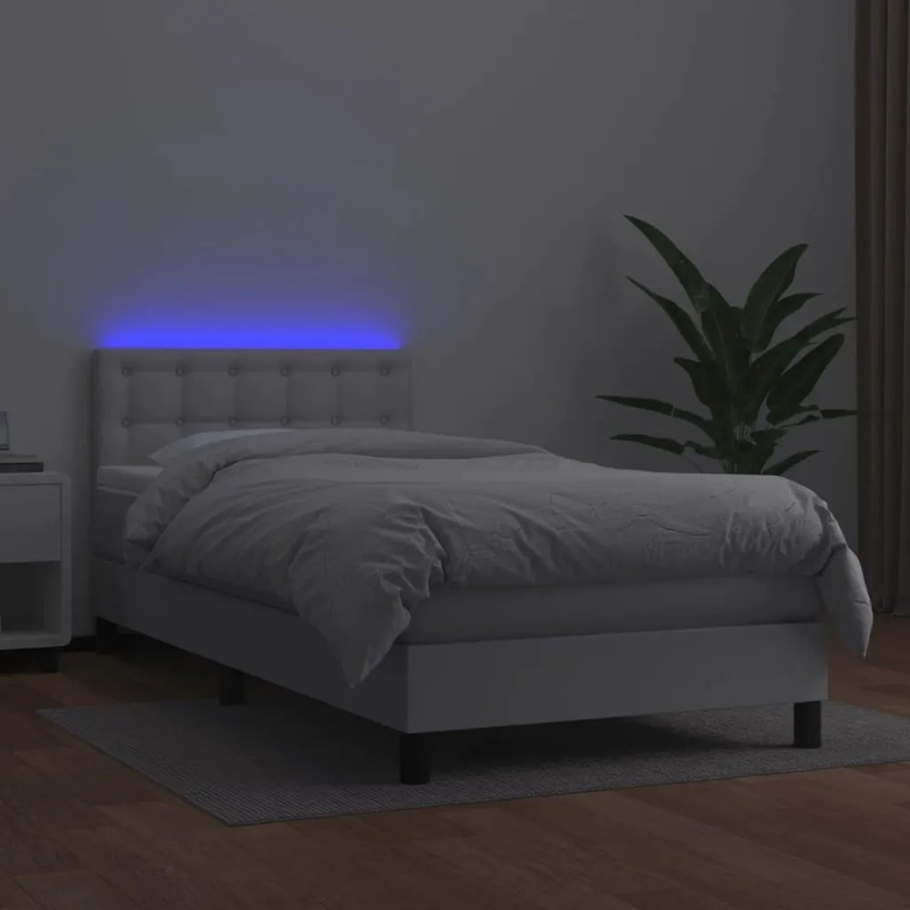 Κρεβάτι Boxspring με Στρώμα &amp; LED Λευκό 90x200 εκ. Συνθ. Δέρμα - Λευκό