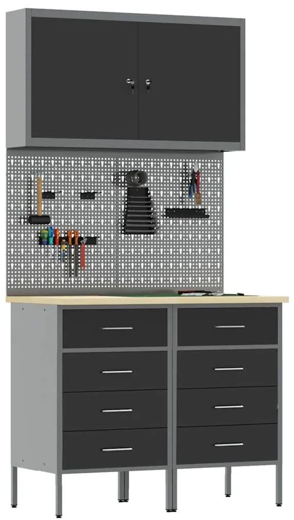 vidaXL Πάγκος εργασίας με συρτάρι 5 pcs Μαύρο 100 x 55 x 200 εκ Ατσάλι