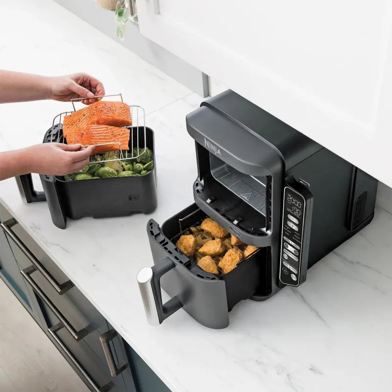 Ninja SL451EU Διπλή φριτέζα ζεστού αέρα, 2470W, 9,5L, ψηφιακό θερμόμετρο, 2 καλάθια, 6 προγράμματα, Max Crisp, Sync & Match, γκρι