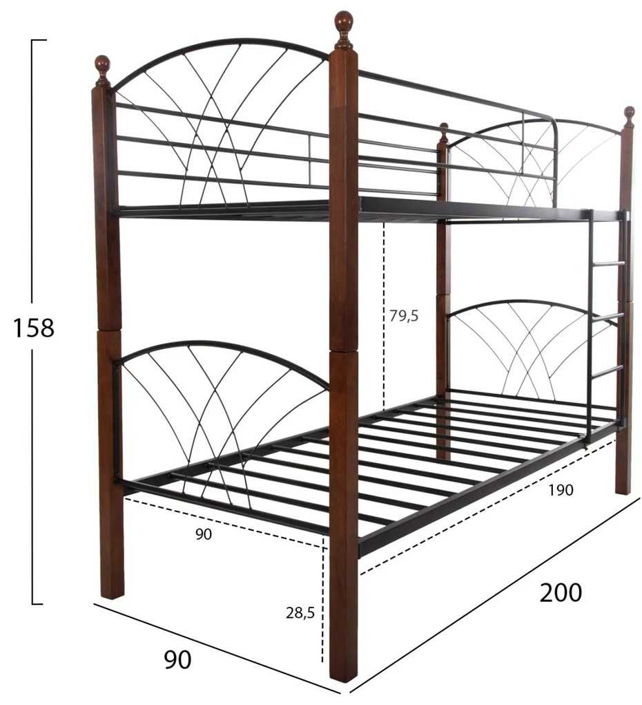 Κουκέτα Κρεβάτι Storey Μαύρο Μέταλλο-Καρυδί Rubberwood-Για Στρώμα 190x90εκ.