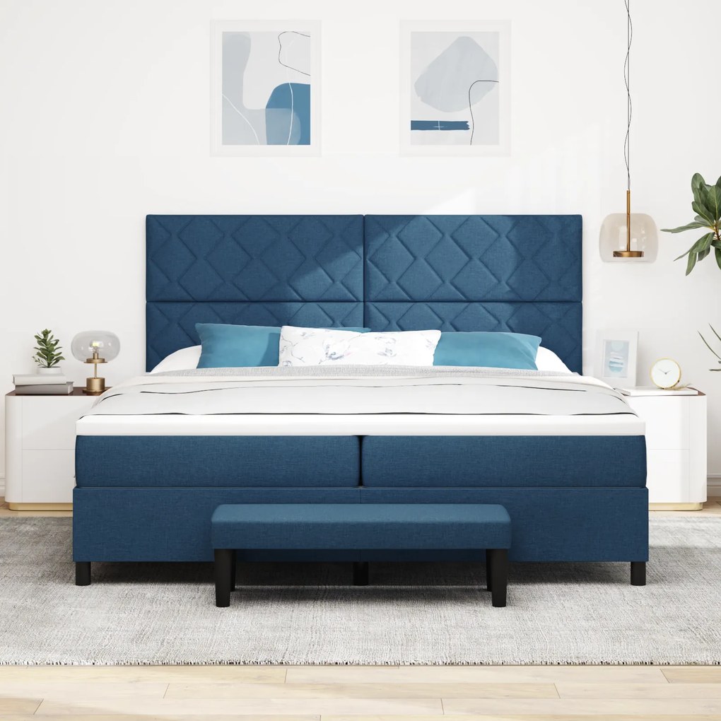 vidaXL Κρεβάτι Βάσης με Στρώμα & Πάγκο Μπλε 200x200 εκ Ύφασμα