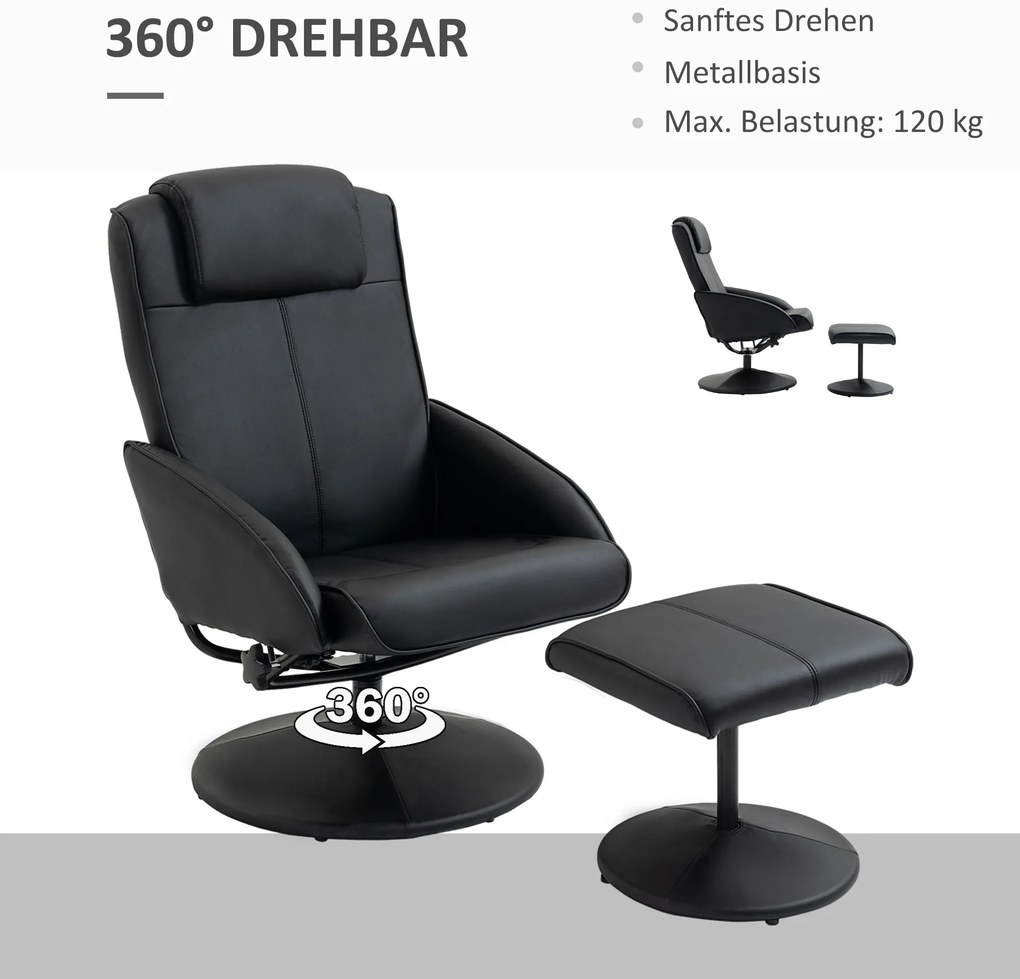 Πολυθρόνα Relax HOMCOM με υποπόδιο, επένδυση από δερματίνη, ανακλινόμενη, εργονομικός σχεδιασμός, Μαύρο