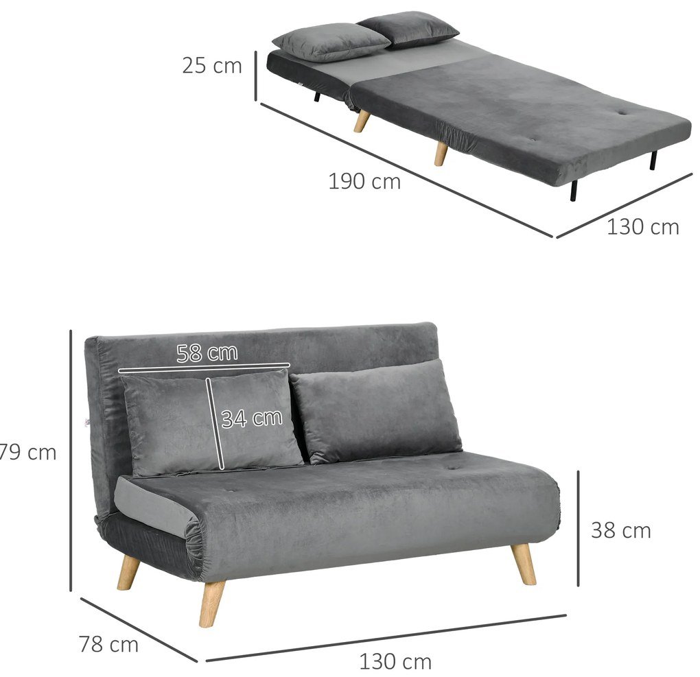 HOMCOM Καναπές-Κρεβάτι Relax Καναπές Καναπές, με 2 Μαξιλάρια, Όψη Βελούδου, 130 x 78 x 79 cm, Γκρι