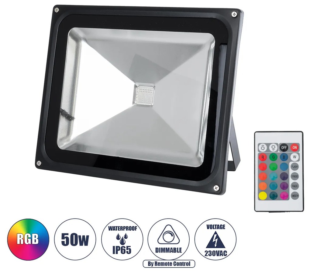 GloboStar 75602 Επαγγελματικός Προβολέας LED 50W 3250lm 120° AC 220-240V Αδιάβροχος IP65 με Ασύρματο Χειριστήριο IR - RGB - Μ28.5 x Π23.5 x Υ10cm - 3 Χρόνια Εγγύηση