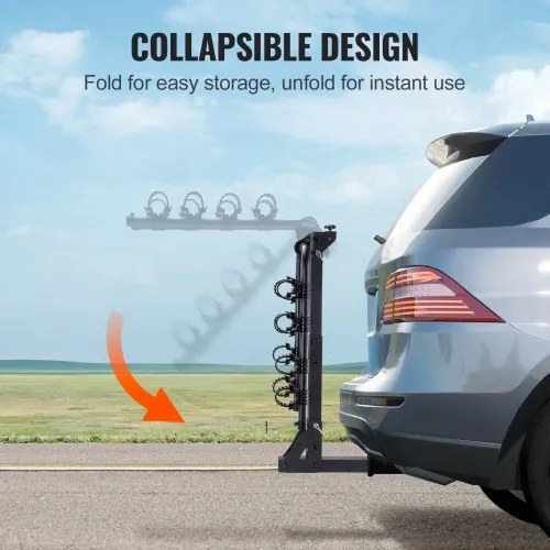 VEVOR Hitch Mount Bike Rack, 4-Bike Carrier Rack, 150 LBS Capacity Bike Rack Hitch for 2-inch Receiver, Titling and Folding Bike Carrier with No-Wobble U Bolt and Strap, for Car, SUV, Truck, RV, Rectangular interface