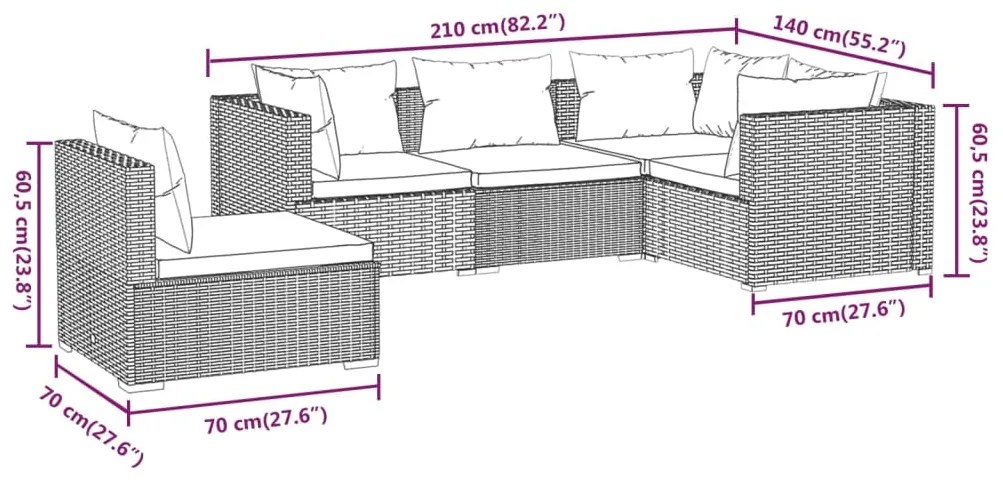 vidaXL Σαλόνι Κήπου 5 Τεμαχίων Καφέ Συνθετικό Ρατάν με Μαξιλάρια