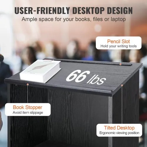 VEVOR Podium Stand, 47 in Hostess Stand with 4 Rolling Wheels, Wood Podium with Storage Shelves, and Slant Desktop, Lecterns &amp; Podiums for Church, Office, School, Home, Black