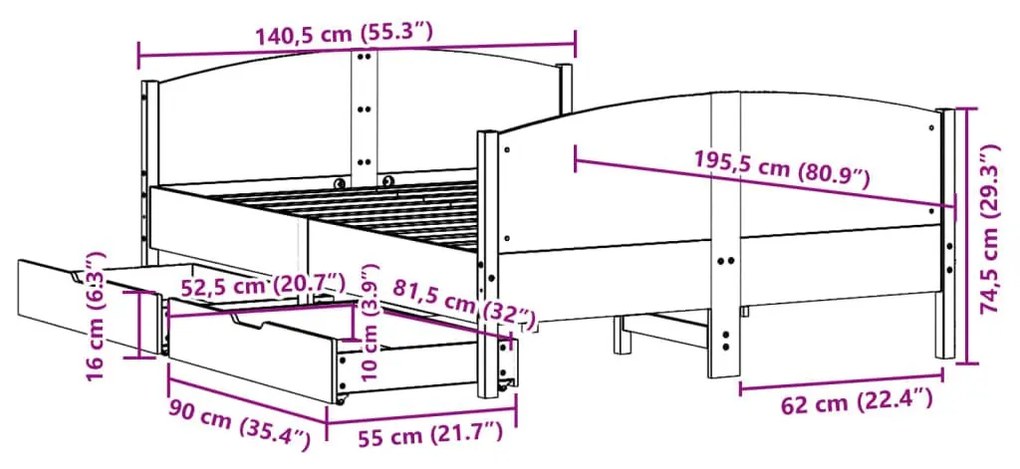 Σκελετός Κρεβατιού Χωρίς Στρώμα 135x190 εκ Μασίφ Ξύλο Πεύκου - Καφέ