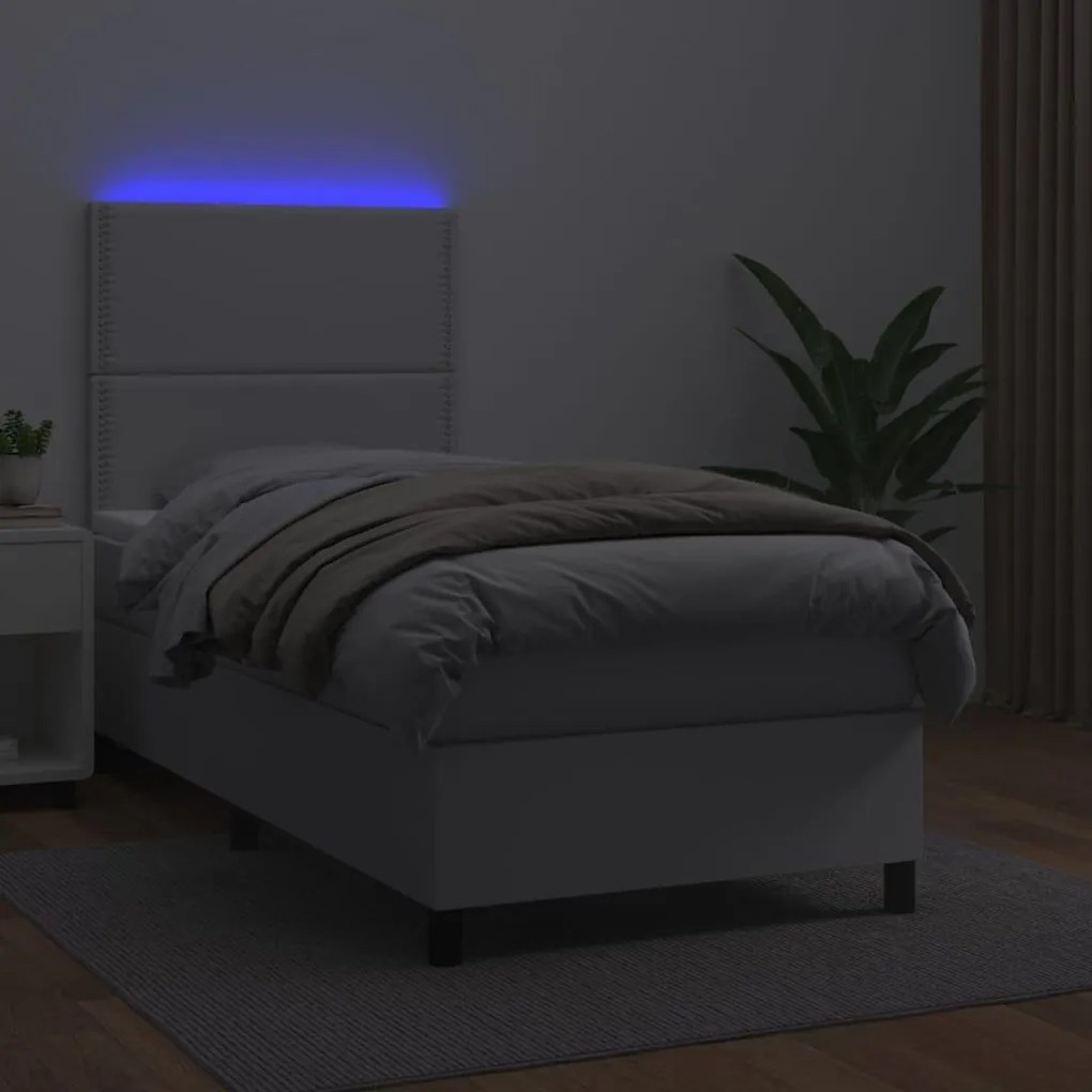 Κρεβάτι Boxspring με Στρώμα &amp; LED Λευκό 80x200 εκ. Συνθ. Δέρμα - Λευκό