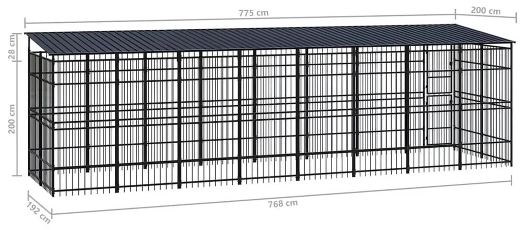 Κλουβί Σκύλου Εξωτερικού Χώρου με Οροφή 14,75 μ² από Ατσάλι - Μαύρο