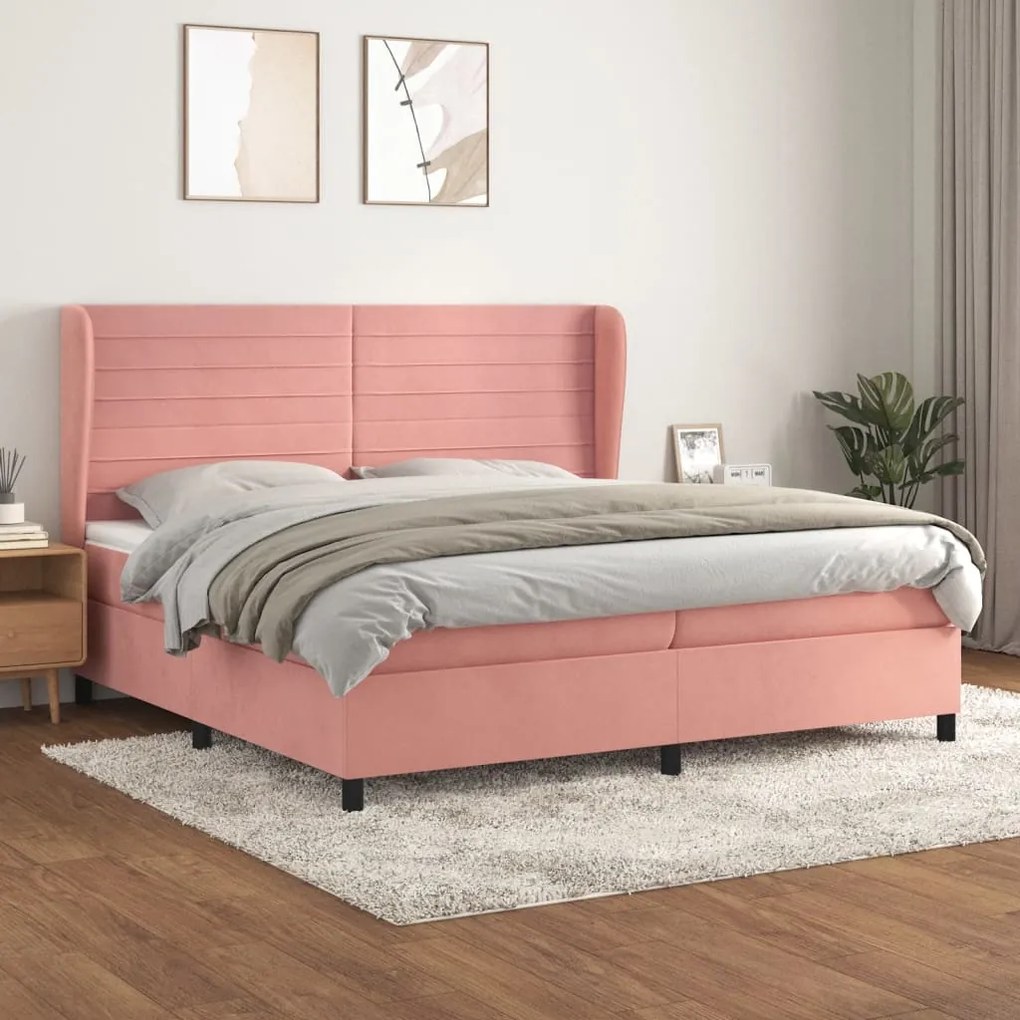 vidaXL Κρεβάτι Boxspring με Στρώμα Ροζ 200x200 εκ. Βελούδινο