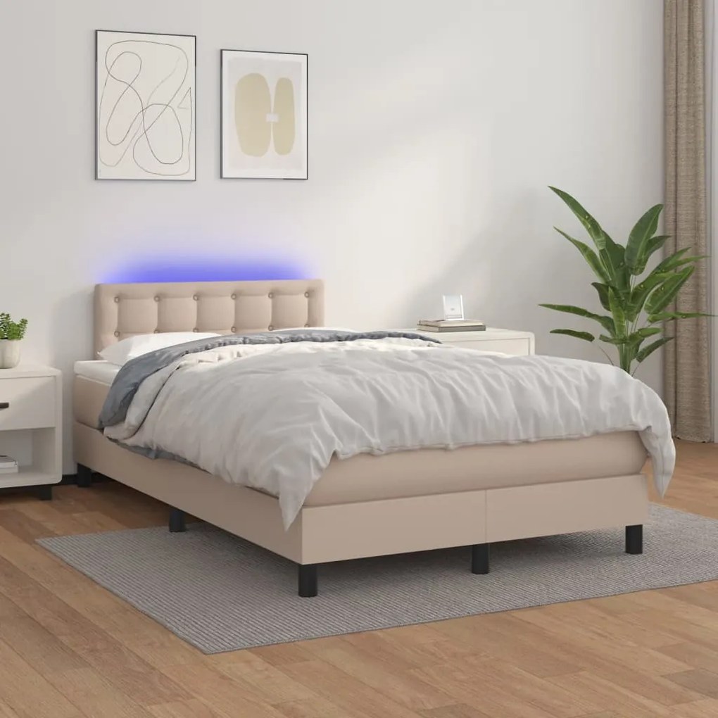 Κρεβάτι Boxspring Στρώμα&amp;LED Καπουτσίνο 120x200 εκ. Συνθ. Δέρμα