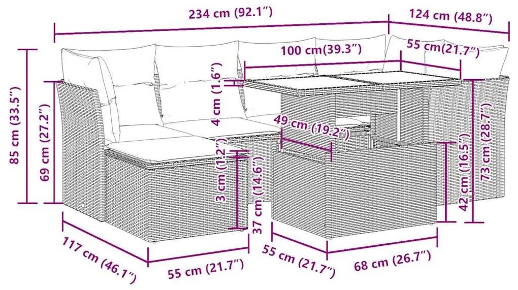 Σαλόνι Κήπου Σετ 7 Τεμαχίων Γκρι Συνθετικό Ρατάν με Μαξιλάρια - Γκρι