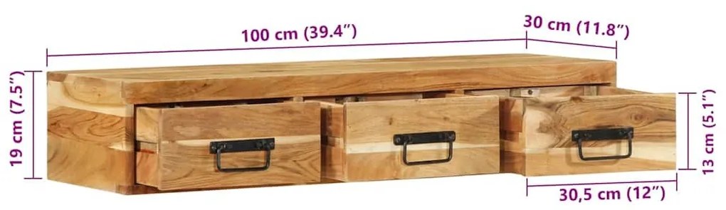 Επίτοιχο ντουλάπι τηλεόρασης 100x30x19 cm Μασίφ ξύλο ακακίας - Καφέ