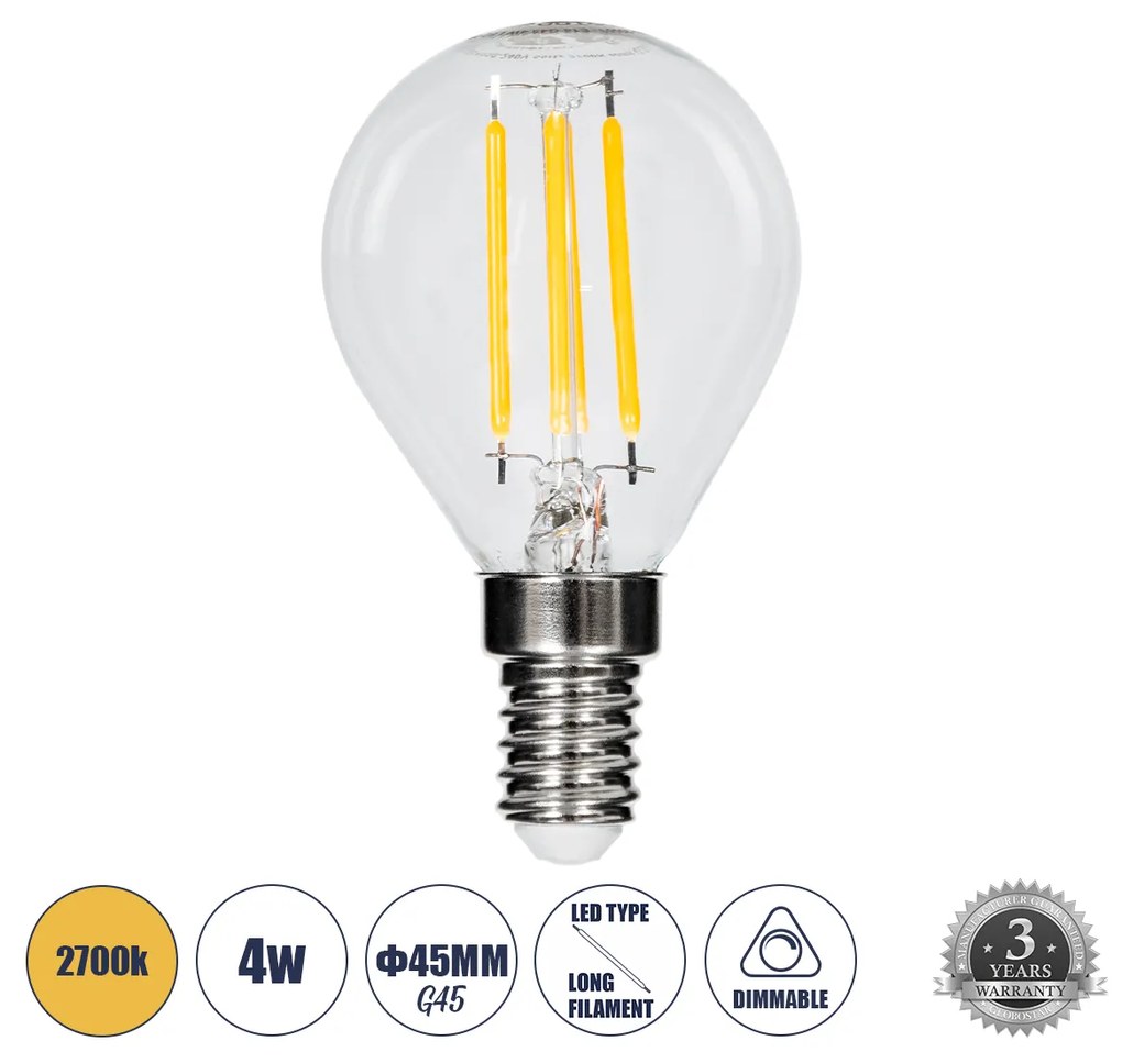 GloboStar 99003 Λάμπα LED Long Filament E14 G45 Γλομπάκι 4W 400lm 360° AC 220-240V IP20 Φ4.5 x Υ7.5cm Θερμό Λευκό 2700K με Διάφανο Γυαλί Dimmable - 3 Χρόνια Εγγύηση - 99003