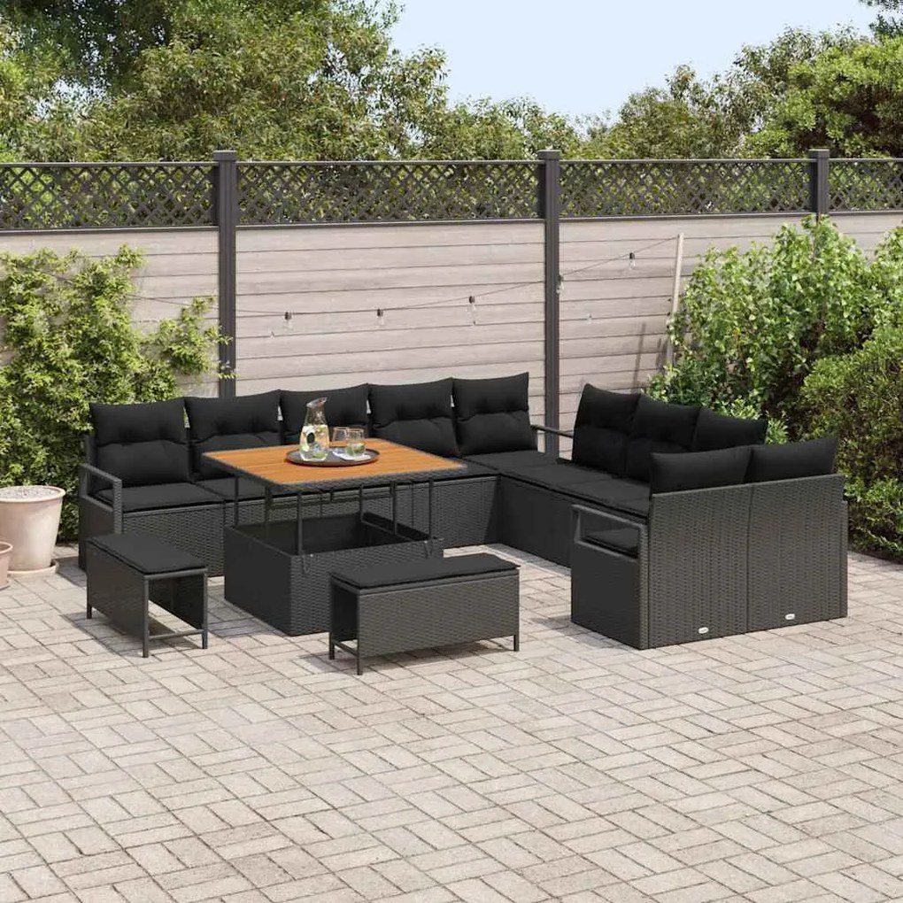 vidaXL Σετ Καναπέ Κήπου με μαξιλάρι 13 pcs Μαύρο Πολυ ράταν