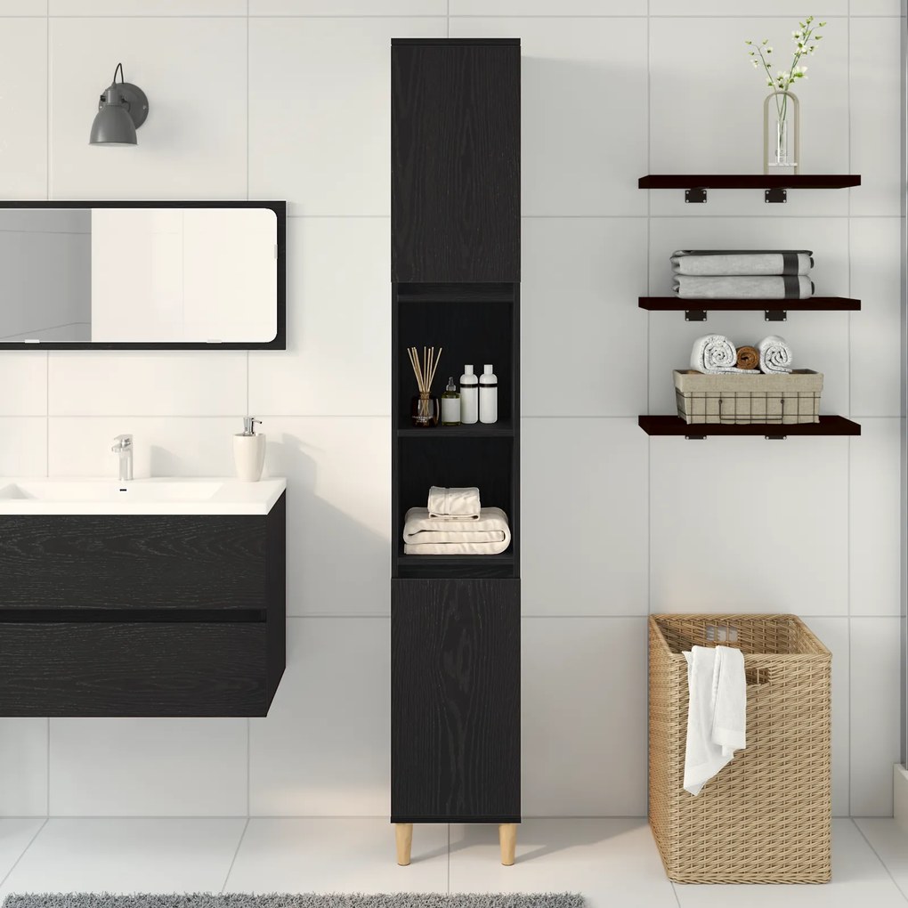 vidaXL Ντουλάπι Μπάνιου Μαύρο Δρυς 30x30x190 εκ Επεξεργασμένο Ξύλο