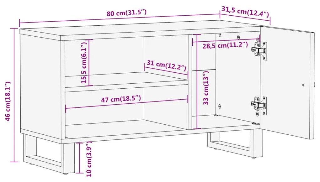 Έπιπλο Τηλεόρασης Καφέ/Μαύρο 80x31,5x46 εκ. Μασίφ Ξύλο Μάνγκο - Καφέ