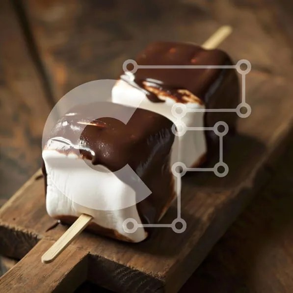 Intra Συλλεκτικό Ξύλινο Παζλ Plywood  4mm - Marshmallows καλυμμένα με σοκολάτα σε μια ξύλινη σανίδα κοπής Σε Ξύλινο Κουτί - Διαστάσεις: 10x10 cm – 25 κομμάτια