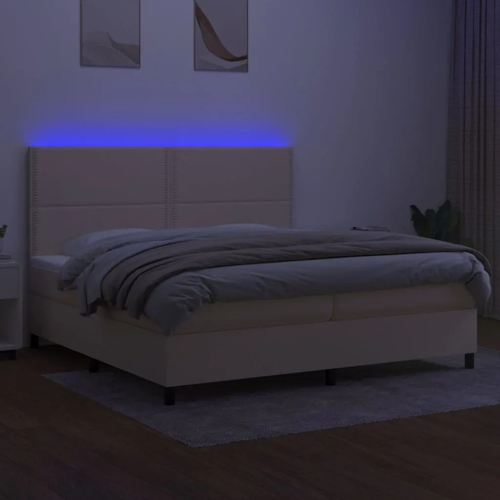 Κρεβάτι Boxspring με Στρώμα &amp; LED Κρεμ 200x200 εκ. Υφασμάτινο - Κρεμ