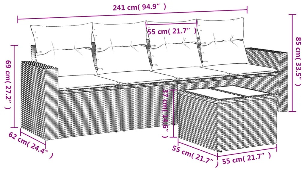 vidaXL Σαλόνι Κήπου Σετ 5 Τεμαχίων Καφέ Συνθετικό Ρατάν με Μαξιλάρια