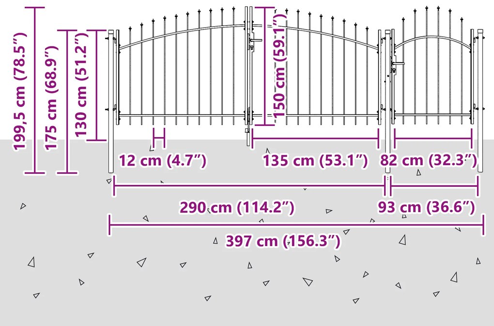 vidaXL Πύλη Κήπου  με Κορυφή Λυχνίας Γκρι 150x400 εκ Χάλυβας