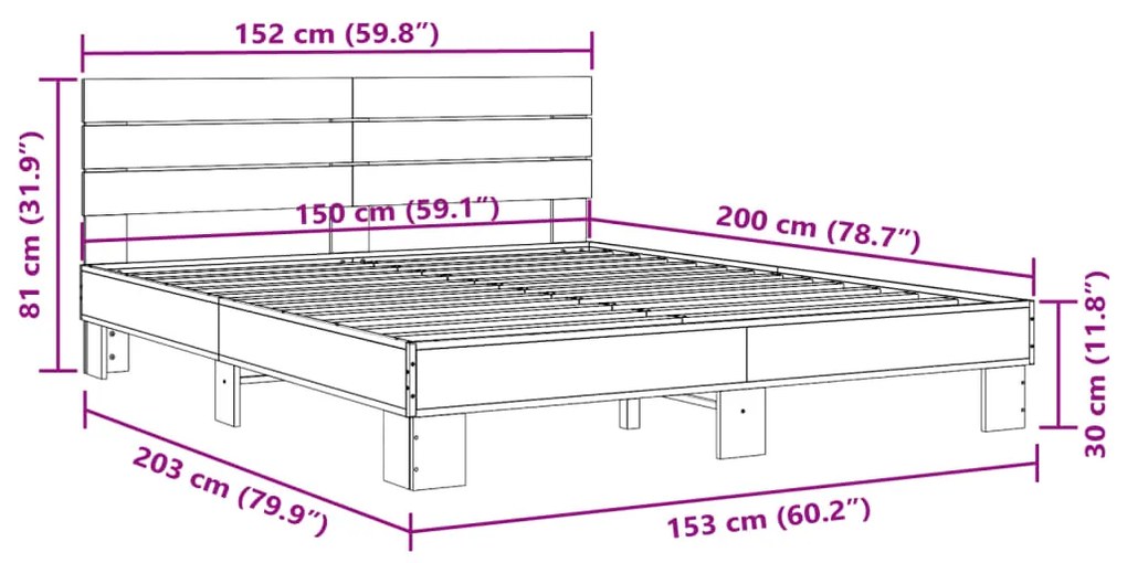 Πλαίσιο Κρεβατιού Sonoma Δρυς 150x200 εκ. Επεξ. Ξύλο &amp; Μέταλλο - Καφέ