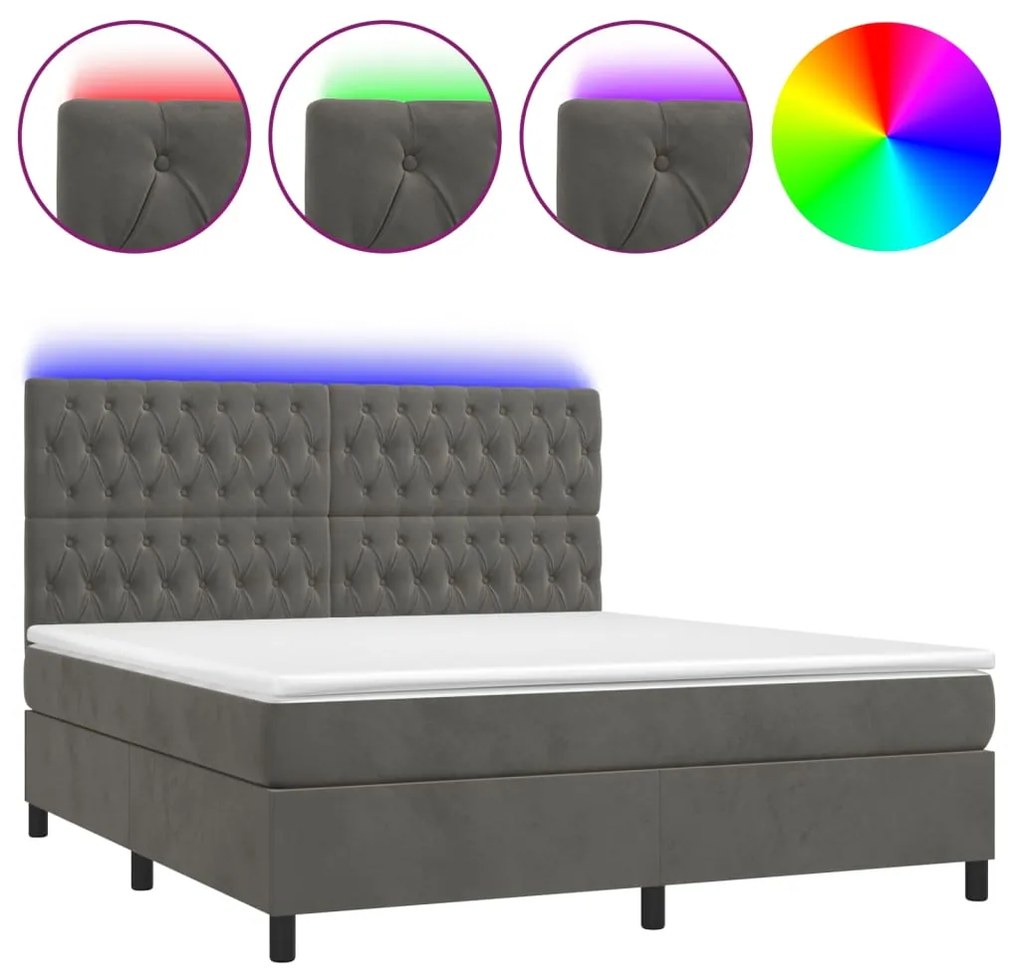 Κρεβάτι Boxspring με Στρώμα &amp; LED Σκ. Γκρι 160x200εκ. Βελούδινο - Γκρι