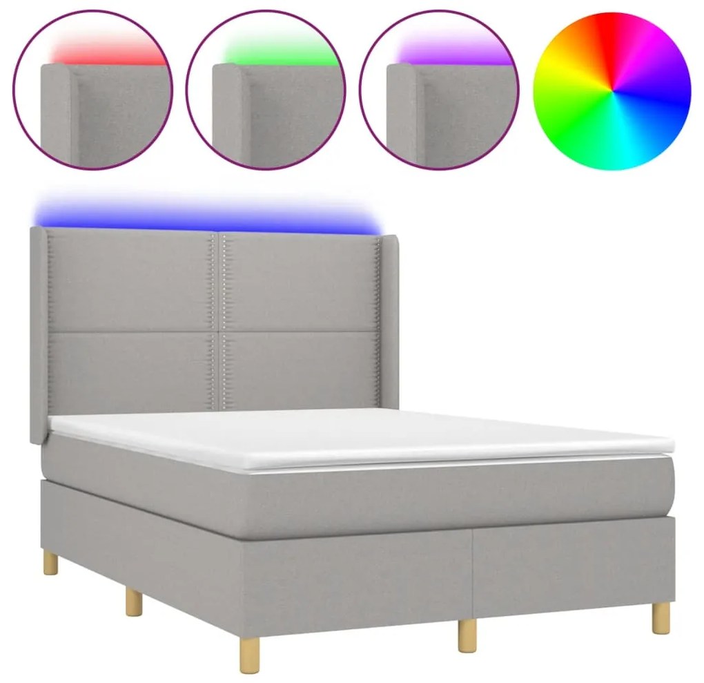 vidaXL Κρεβάτι Boxspring με Στρώμα & LED Αν.Γκρι 140x190εκ. Υφασμάτινο