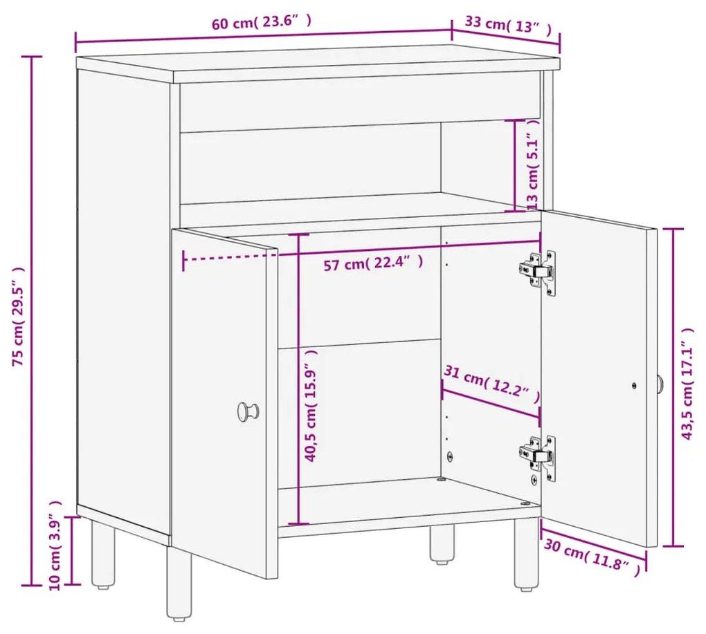 Βοηθητικό Ντουλάπι Μαύρο 60 x 33 x 75 εκ. από Μασίφ Ξύλο Μάνγκο - Μαύρο