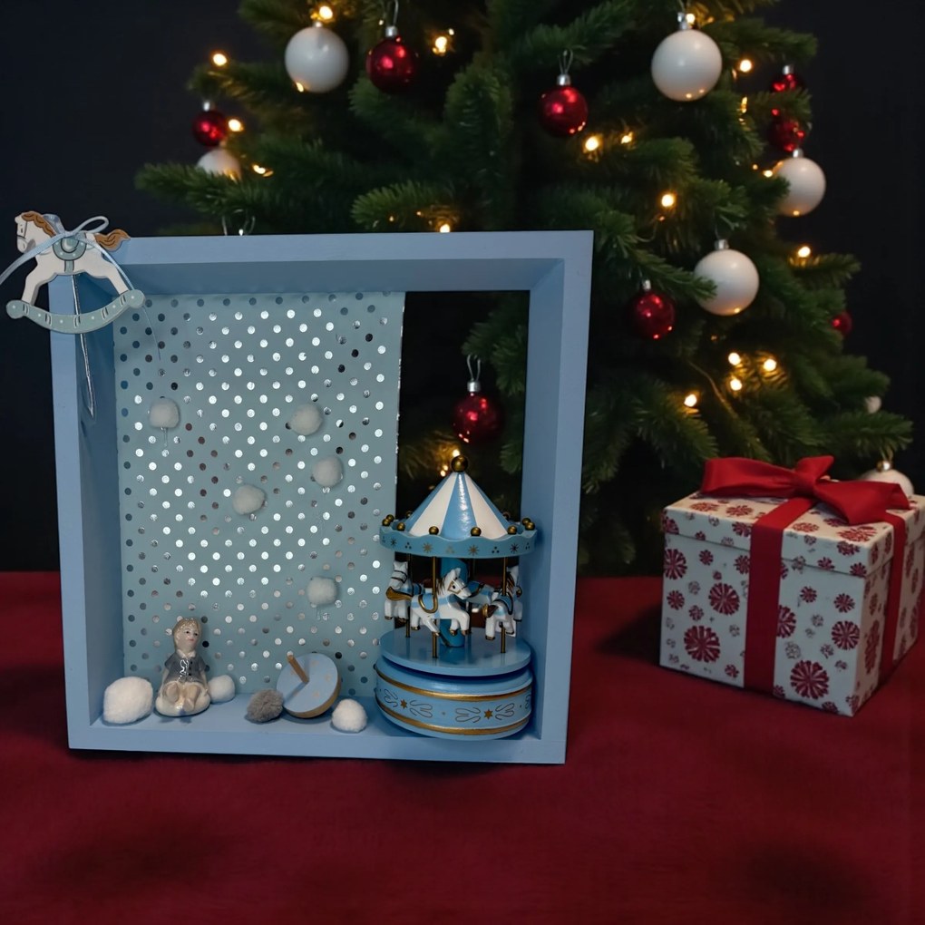 Ξύλινη χριστουγεννιάτικη διακοσμητική κορνίζα γαλάζια καρουζελ