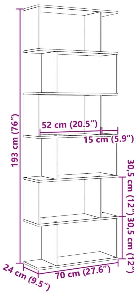 Βιβλιοθήκη/Διαχωριστικό Χώρου 6 Επ. Δρυς 70x24x193εκ. Επ. Ξύλο - Καφέ