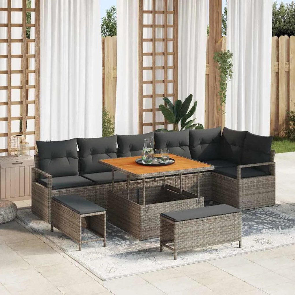 vidaXL Σετ Καναπέ Κήπου με μαξιλάρι 9 pcs Γκρι Πολυ ράταν