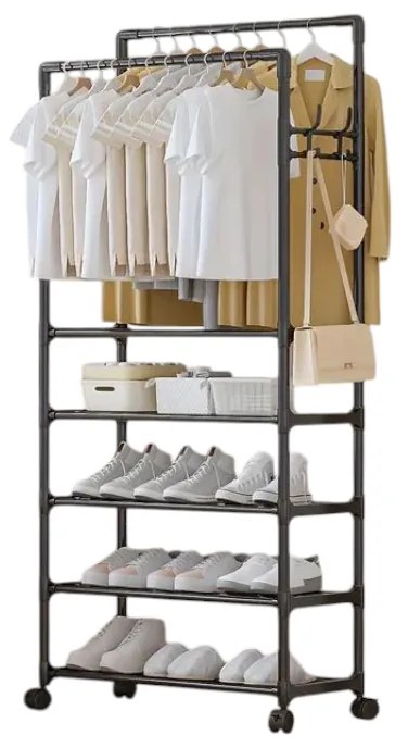 Τροχήλατη Κρεμάστρα Δαπέδου με Ράφια Παπουτσιών Μαύρο