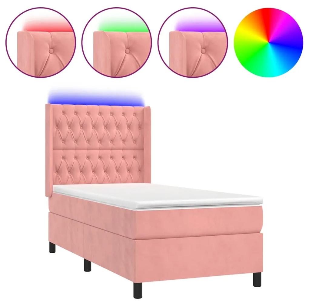 vidaXL Κρεβάτι Boxspring με Στρώμα & LED Ροζ 80 x 200 εκ. Βελούδινο