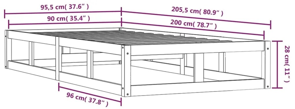 Πλαίσιο Κρεβατιού Μαύρο 90 x 200 εκ. από Μασίφ Ξύλο - Μαύρο