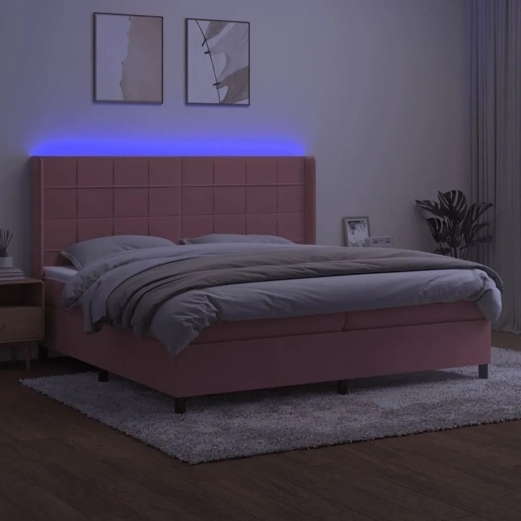 vidaXL Κρεβάτι Boxspring με Στρώμα &amp; LED Ροζ 200x200 εκ. Βελούδινο