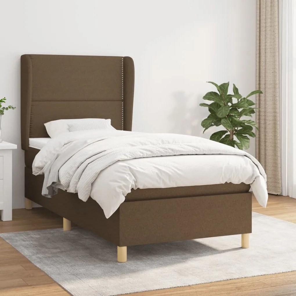 Κρεβάτι Boxspring με Στρώμα Σκούρο Καφέ 90x190 εκ. Υφασμάτινο