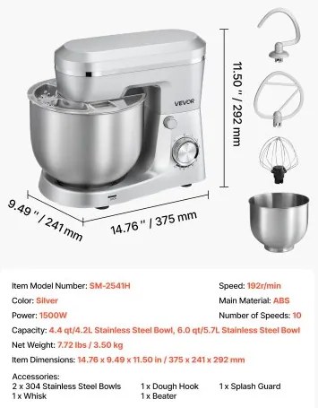 VEVOR Stand Mixer, 4.2 L+5.7 L Electric Kitchen Mixer, 1500W Dough-Mixer, 10 Speeds Tilt-head Food-Mixer with Stainless Steel Bowls, Dough Hook, Whisk, Beater, for Baking, Mixing, Whipping & Kneading