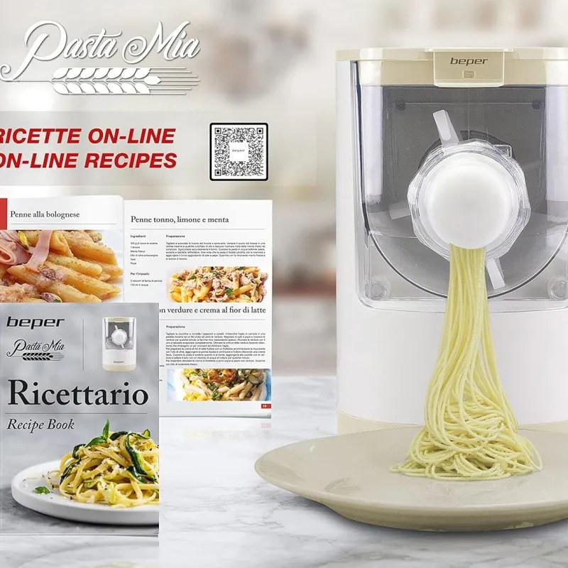 Μηχανή παρασκευής φρέσκων ζυμαρικών και σπαγγέτι Beper P102SBA500, 200W, 8 ρυθμίσεις, Ανοξείδωτο ατσάλι, Αυτόματο, Λευκό/μπεζ