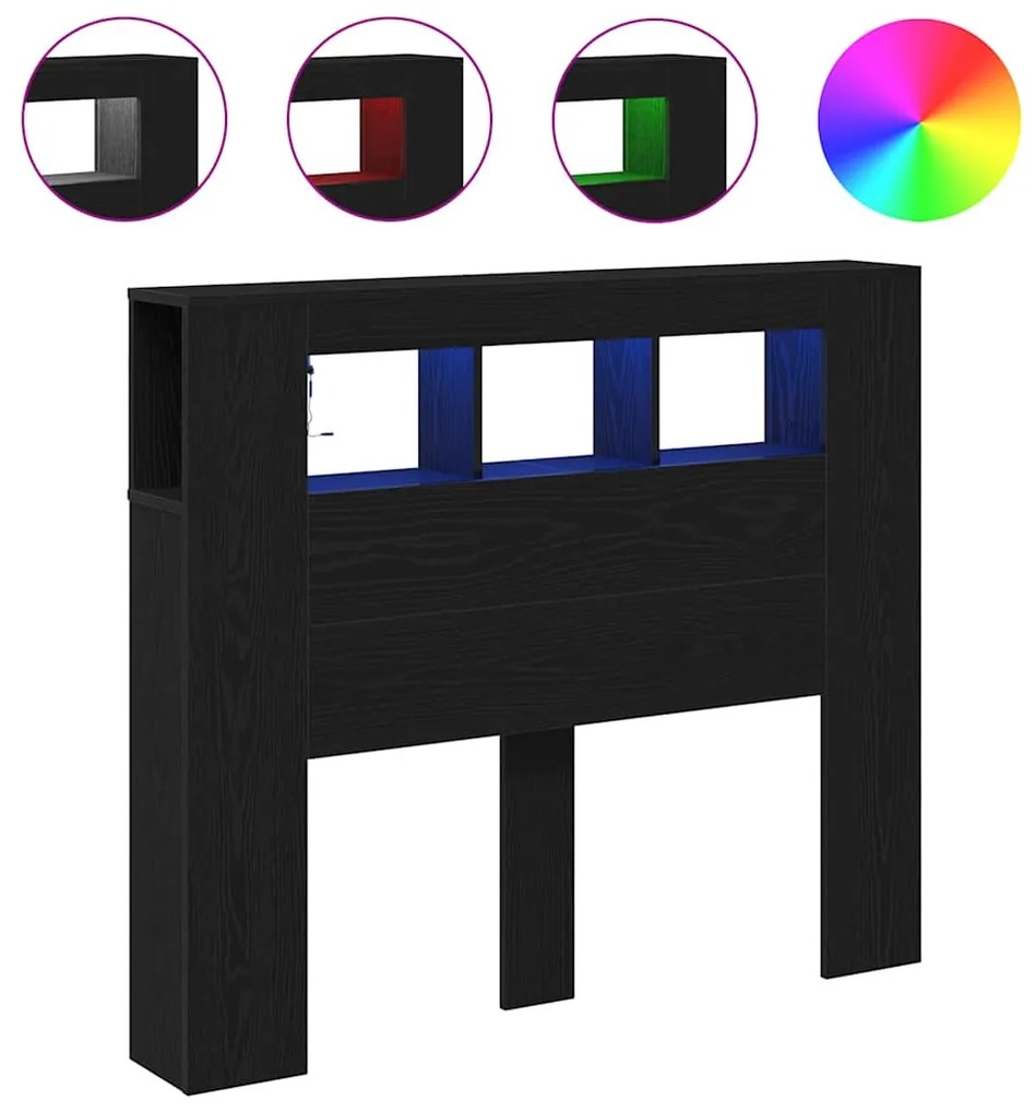 vidaXL LED κεφαλάρι με ράφι Μαύρη δρυς 120 x 18.5 x 103.5 εκ