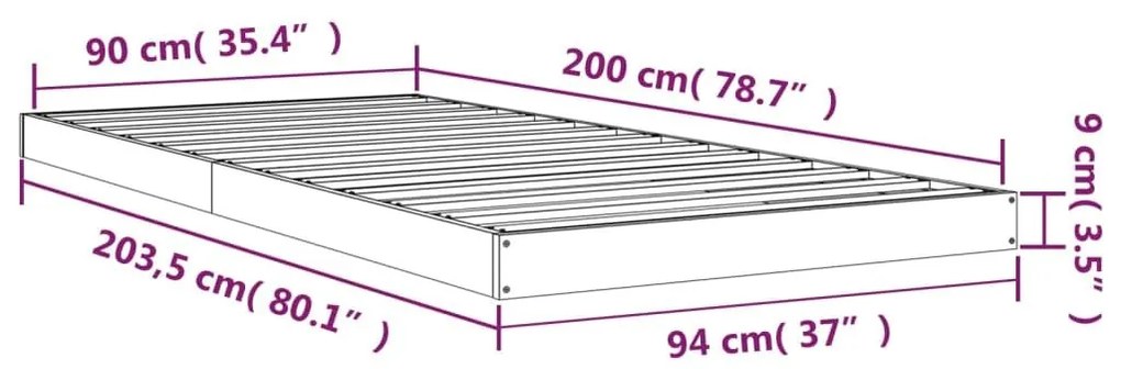 Πλαίσιο Κρεβατιού 90 x 200 εκ. από Μασίφ Ξύλο Πεύκου - Καφέ