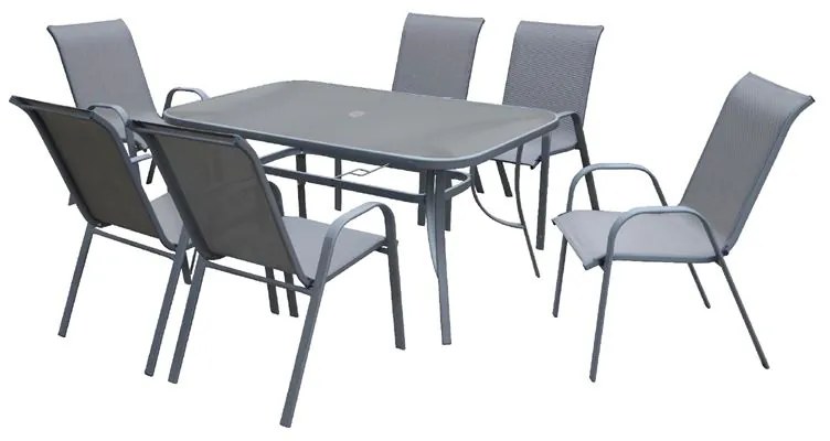 WOODWELL RIO Set Τραπεζαρία Μέταλλο Βαφή Ανθρακί, Textilene Γκρι: Τραπέζι + 6 Πολυθρόνες Table:140x80x71 Chair:55x74x91 Ε250,7L